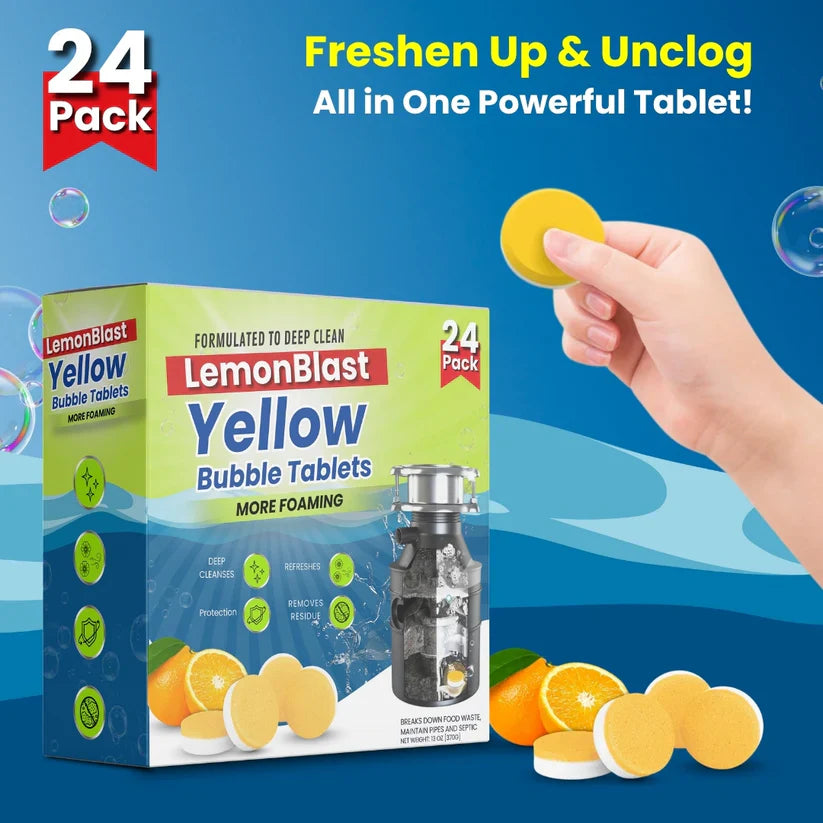 lemonblast yellow bubble tablets – odor eliminator + blockage remover (buy 12 get 12 free)