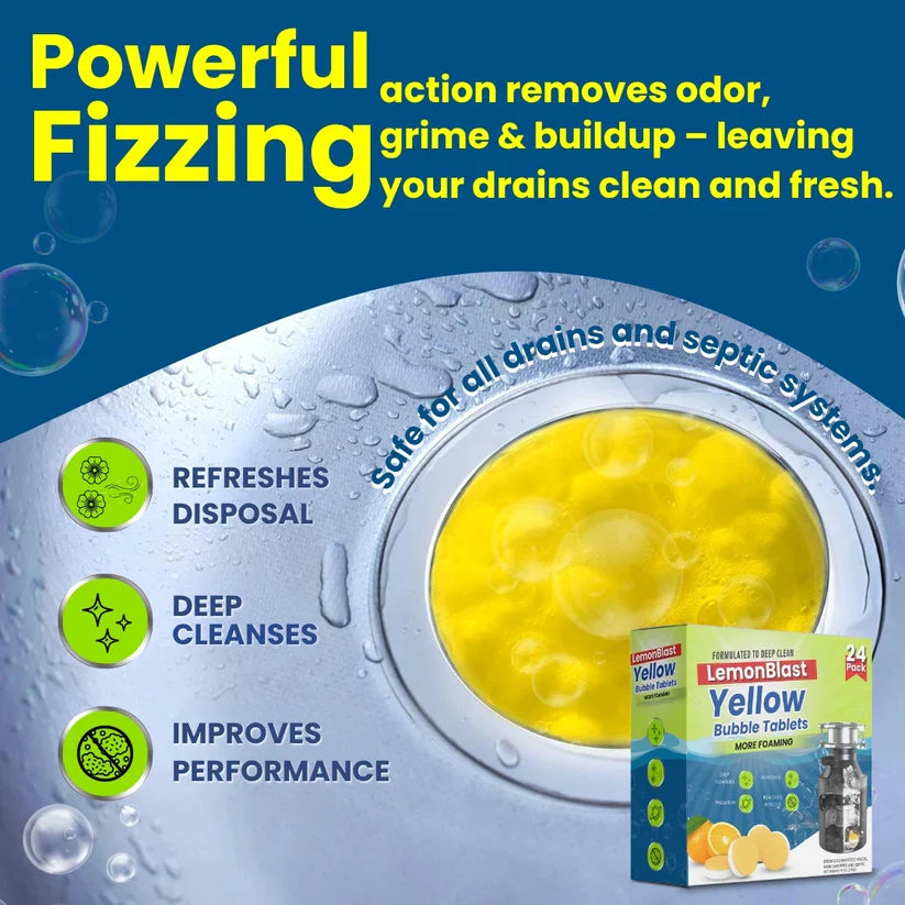lemonblast yellow bubble tablets – odor eliminator + blockage remover (buy 12 get 12 free)
